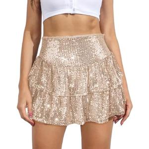 BILIKE JOMEX Womens Sequin Mini Skirt with Shorts Layered Ruffle High Waist Flowy Sparkly Glitter Skirt S
