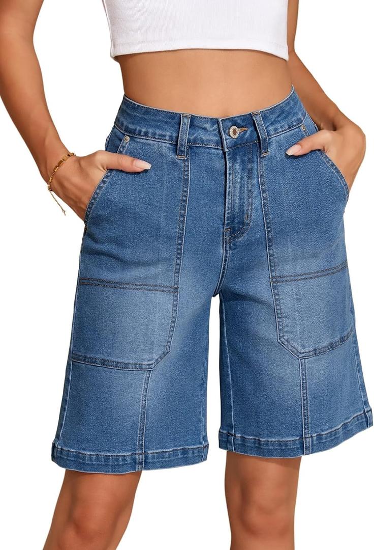 Sidefeel Womens Jean Shorts High Waisted Stretchy Wide Leg Bermuda Denim Shorts Casual Loose Fit Summer Jorts with Pockets (10, Blue)