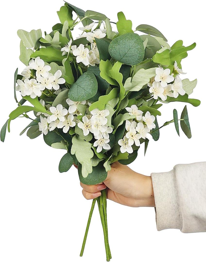 4 PCS 16" Artificial Plants Flowers Indoor Eucalyptus Greenery Stems White Cherry Blossom Branches for Vase Faux Spring Home Decor Centerpiece Decoration