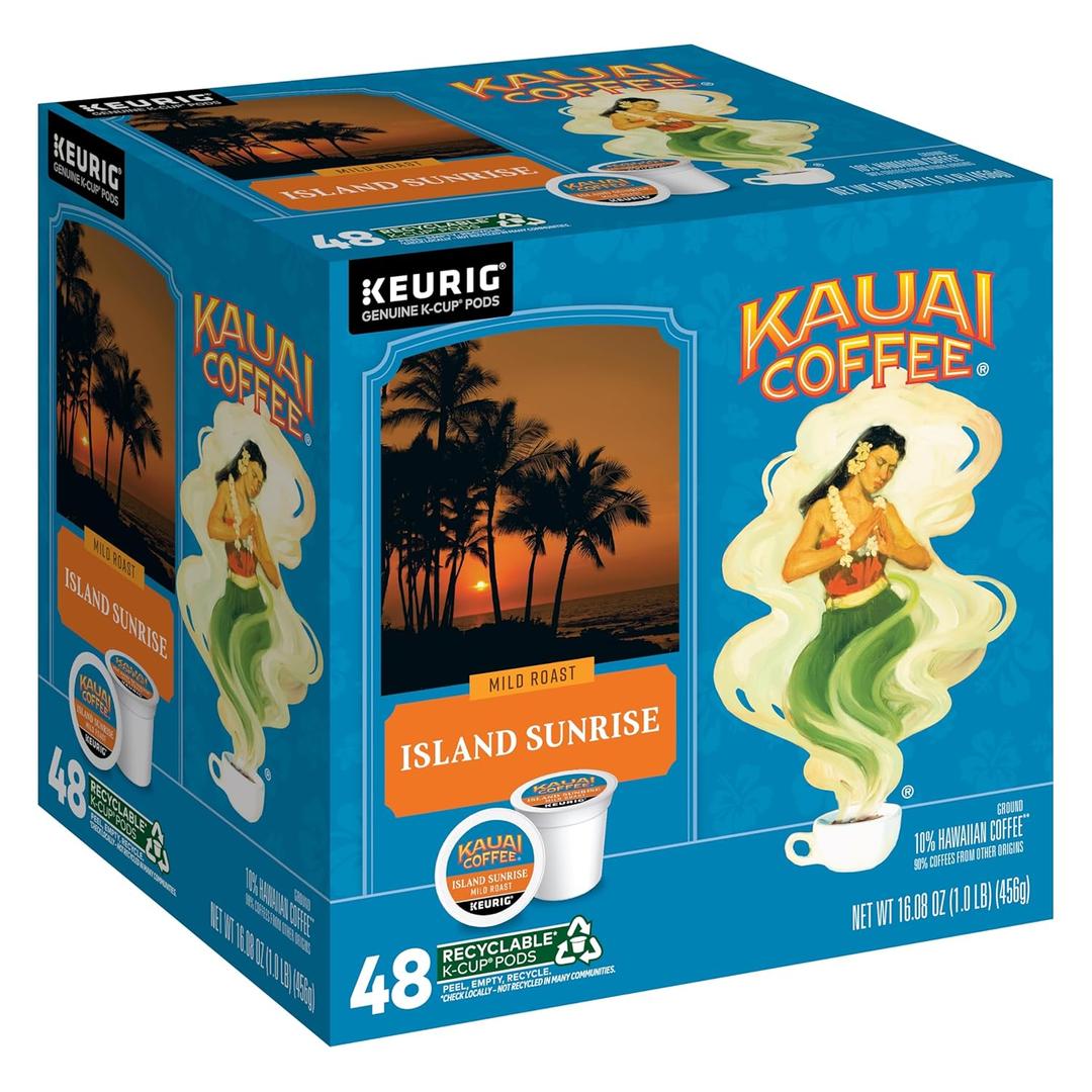 Kauai Coffee K-Cup Pods for Keurig Brewers  Arabica Coffee, 10% Hawaiian  Mild Roast, Light with Bright Aroma  Island Sunrise, 1 Pack of 48 Single Serve K-Cups (EXP 03/12/27)