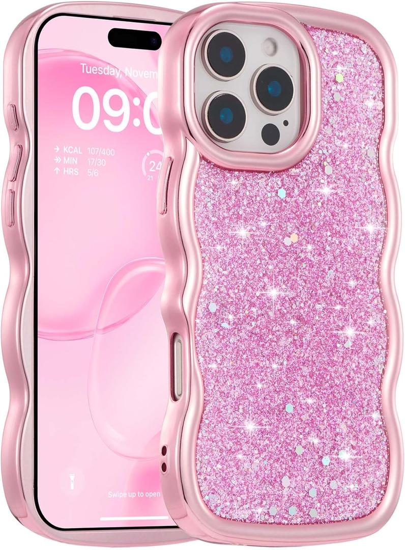 FABSPARK Case for iPhone 14 Pro Max,Crystal Diamond Rhinestone Shiny Bling Sparkly Glitter,Glossy Luxury Electroplated Curly Wavy Frame Wave Case,Aesthetic Cute for iPhone 14 Pro Max,Pink