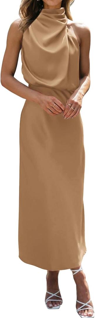 BTFBM Cocktail Dresses for Women Summer Satin Silk Sleeveless Mock Neck Maxi Wedding Guest Dress Fall Outfits 2026(Light Khaki, X-Large)