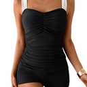 B2prity Women's Tankini Swimsuit Tummy Control Ruched Two Piece Bathing Suit Push Up Modest Swim Suits with Shorts Black,White XL