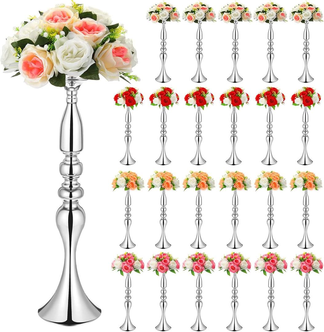 Rtteri 24 Pcs 20 Inch Tall Wedding Flower Stand Wedding Centerpieces for Table Metal Centerpiece Stand Flower Vase Floral Arrangement Holders for Reception Birthday Party Hotel Home Decoration(Silver)