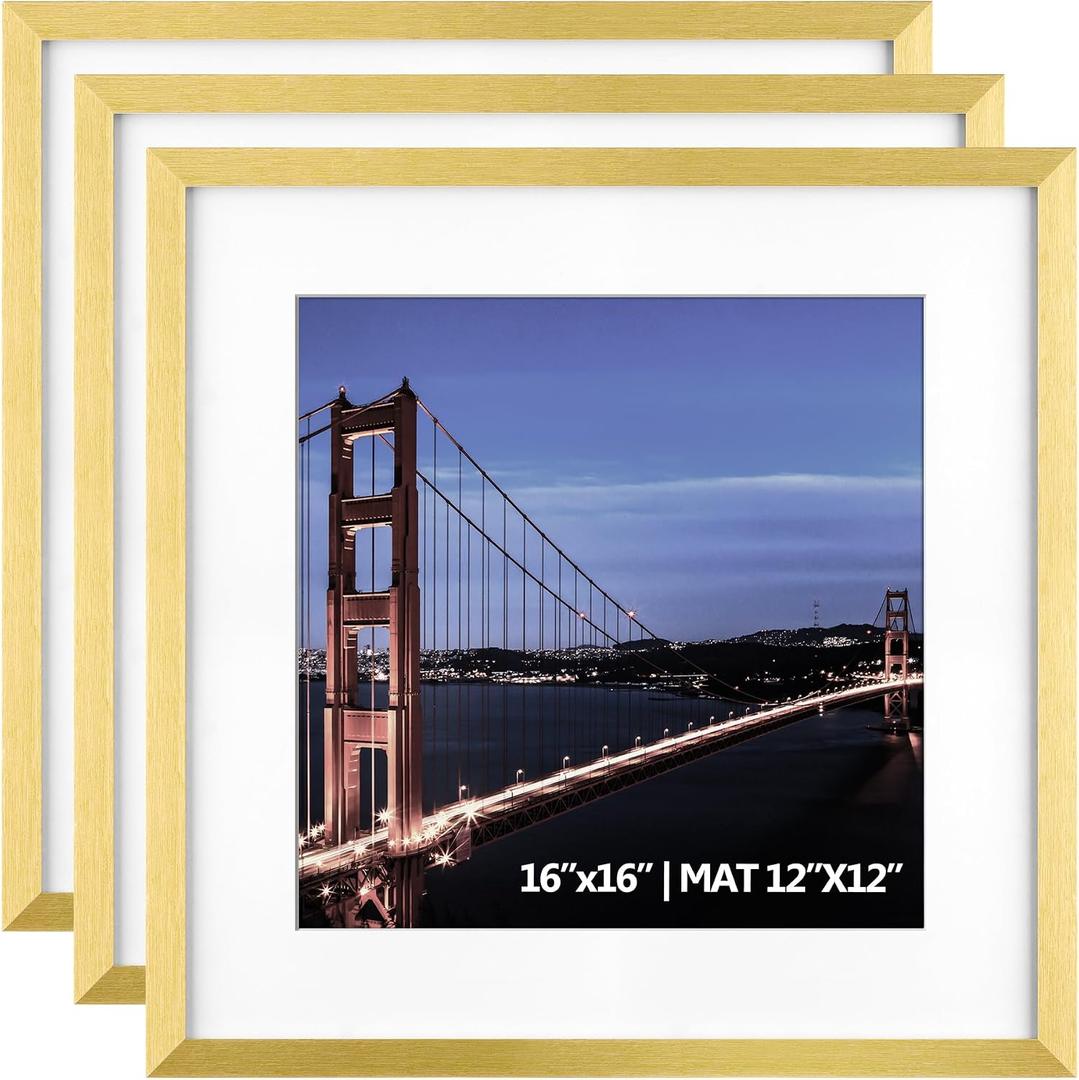 Yaetm 16x16 Gold Picture Frame Matted to 12x12, Set of 3, Thin Square Frame for Gallery Wall Display, Hanging Hardware Included (3 Pack, Gold)