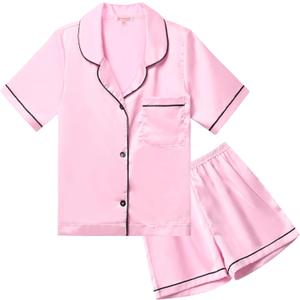 QPANCY Kids Satin Pajamas Sets Baby Boy Girl Button-Down Silk Sleepwear 2 Piece Short Sleeve Loungewear Clothes Set (10-11 Years, Pink)