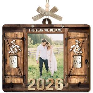 Personalized Wedding Gifts for Couples 2026 - Bridal Shower Gifts for Bride, Customized Wood Wedding Ornaments with Photos, Mr and Mrs Engagement Gift, Personalized Picture Frame