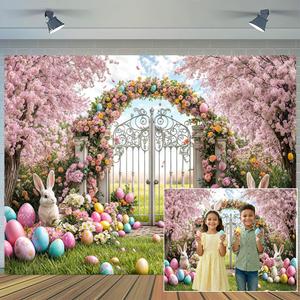 10x8 ft Spring Easter Backdrop Floral Garden Arch Rabbit Colorful Eggs Outdoor Forest Background Easter Kids Newborn Party Decoration Festival Photo Banner Booth