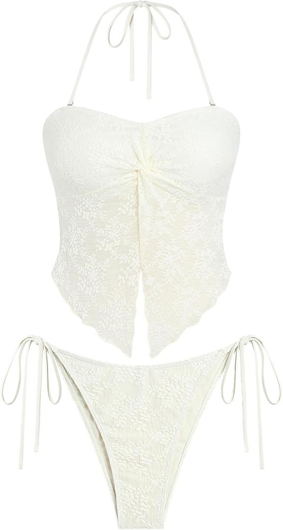 ZAFUL Floral Twist Bikini Set for Women Halter Tankini Tie Side String Swimsuit Two Piece Bathing Suit (X-Large, 2-lace Beige)