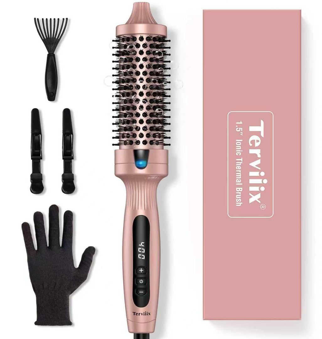 Terviiix Thermal Brush Get Voluminous Style, Quick Heating Hot Brush, Ceramic Tourmaline Ionic Heated Curling Iron, Digital Display 9 Temperatures Curling Wand, Dual Voltage, 1.5 Inch (Rose Gold)