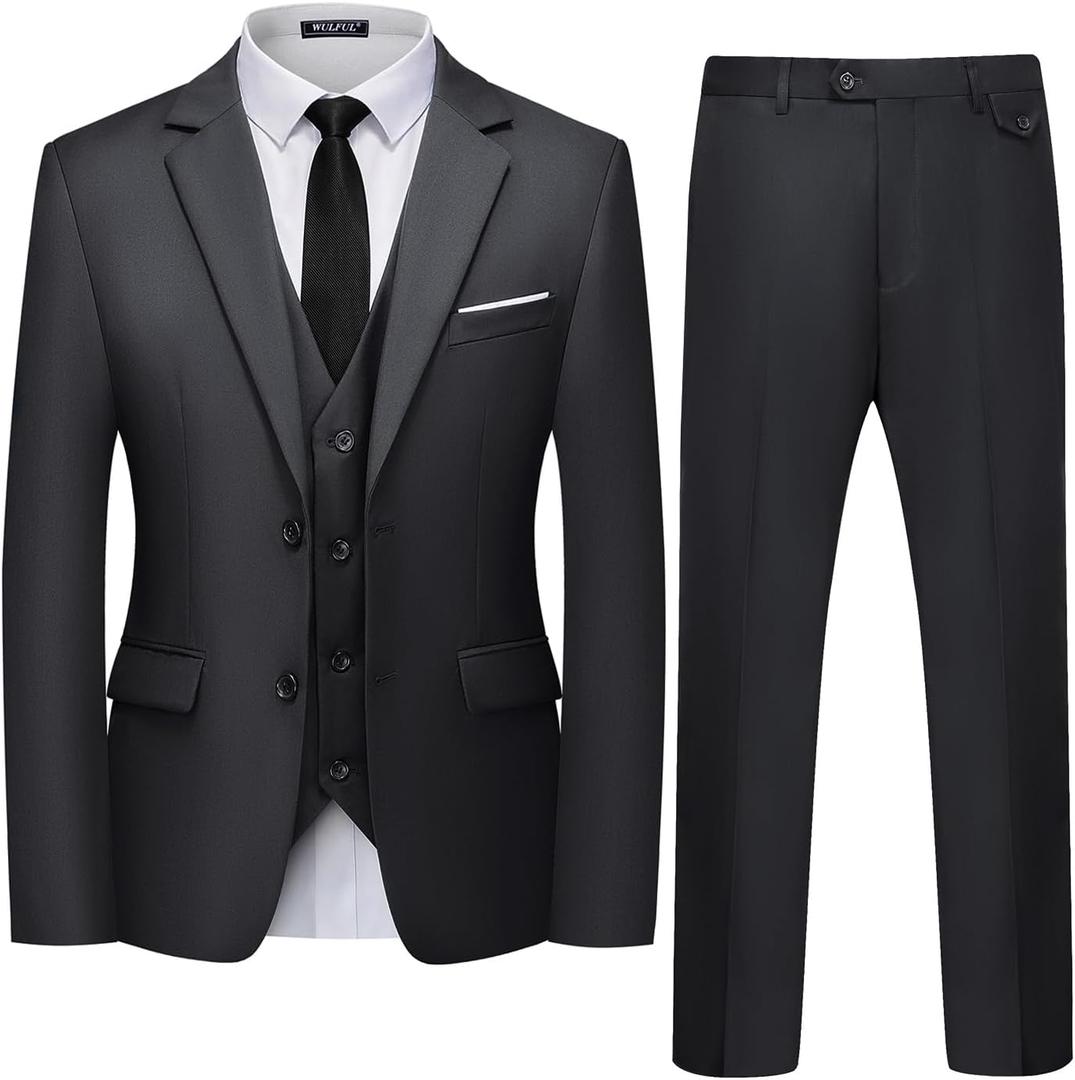 WULFUL Men's 3 Piece Slim Fit Suit Set Two Button Blazer Jacket Vest Pants Tuxedo Set for Party, Wedding and Business (Dark Grey), Size XL