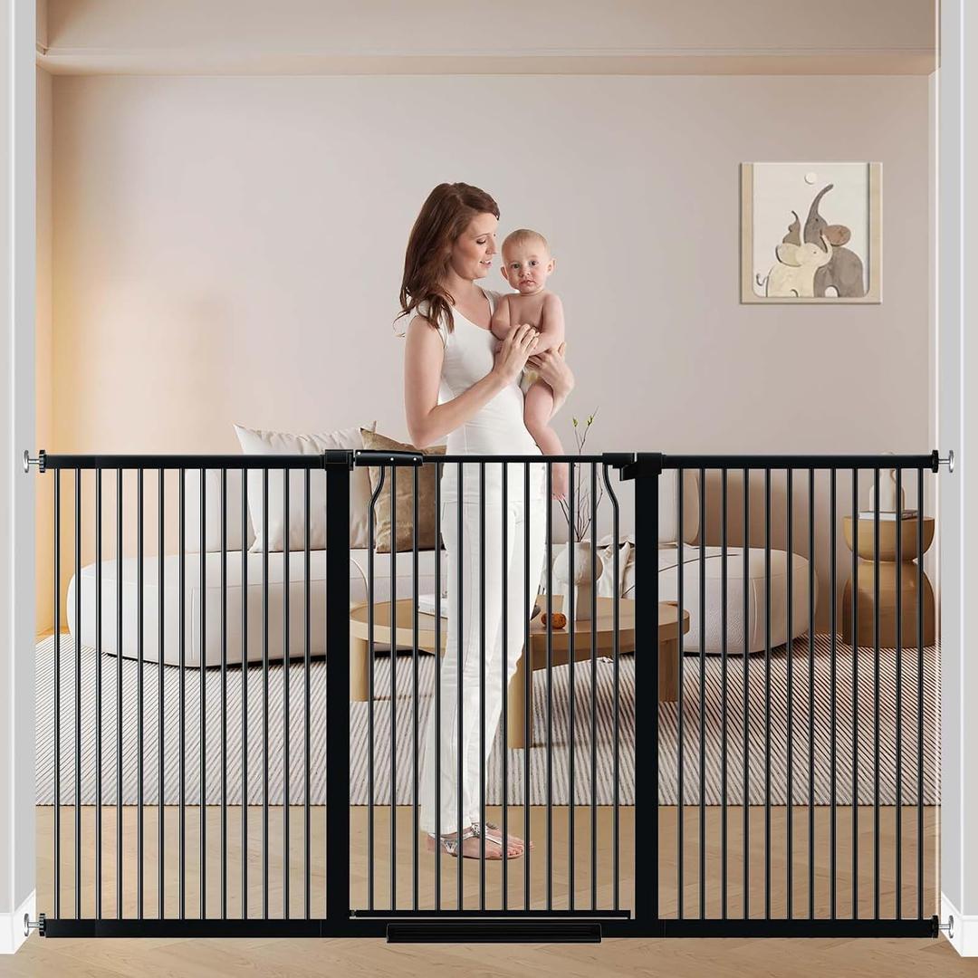 72.2"-76.7" Extra Wide Baby Gate, 40.5" Tall Dog Gate Indoor,Walk Through Pet Gates for Doorways Kitchen No Drilling Auto Close Pressure Mounted Safety Child Toddler Gate, Black