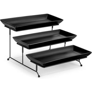 MALACASA 3 Tier Serving Trays for Party, Stoneware Serving Platters and Trays, 14 Inch Tiered Tray Stand, Fruit Tray, Trays for Serving Food, Black Dessert Stand with Collapsible Sturdier Metal Rack