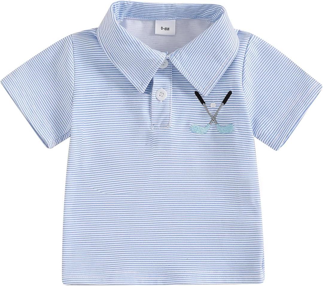 Toddler Baby Boy Shirt Golf Stripes Short Sleeve Button Down T-Shirt Tops Cute Infant Casual Tee Summer Clothes (Blue)