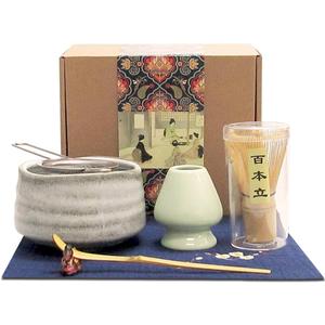 Artcome Japanese Matcha Tea Set, Matcha Whisk, Traditional Scoop, Matcha Bowl, Ceramic Whisk Holder, Handmade Ceremony Kit (7 Pcs) (Gray)