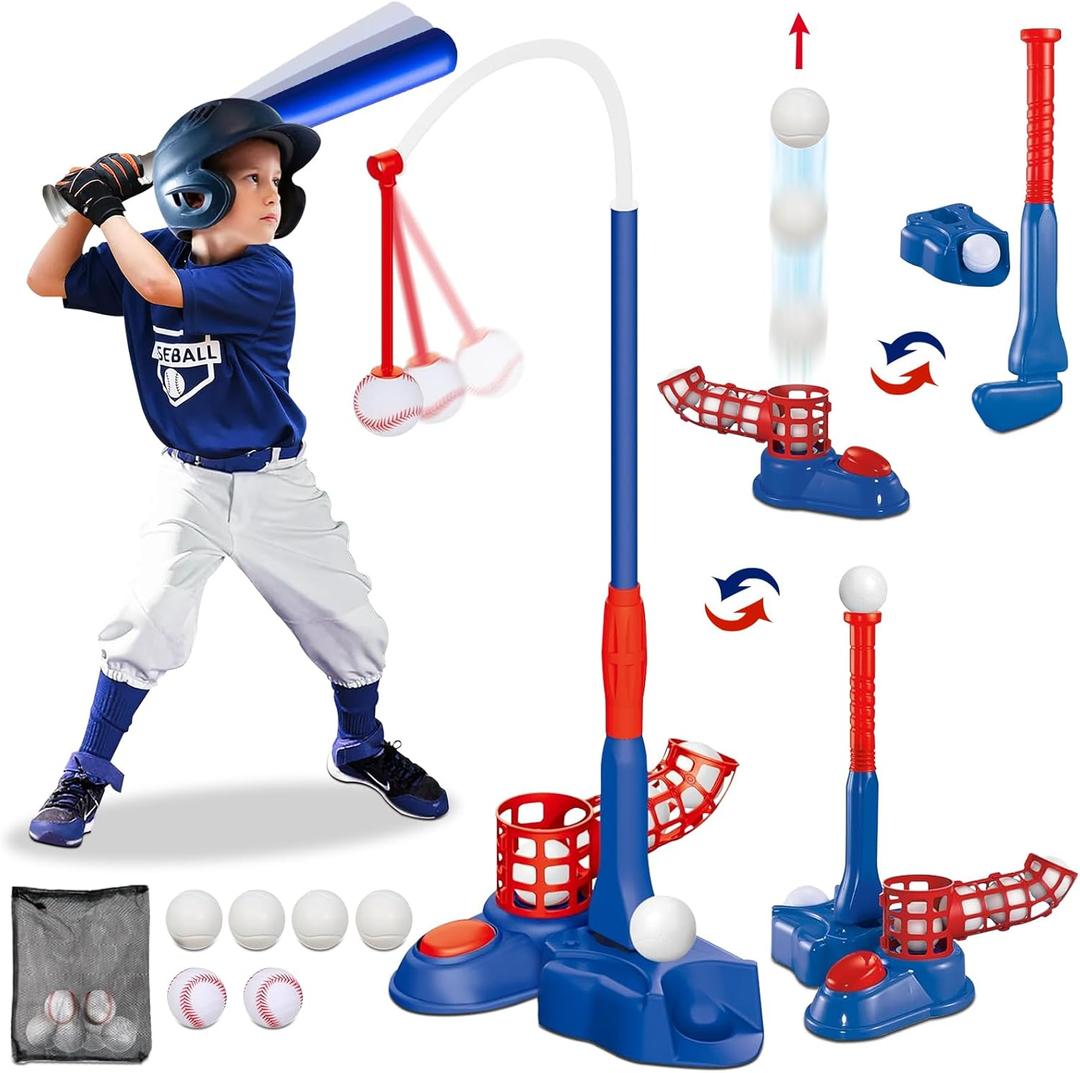 4 in 1 Baseball Ball Set for Kids, T Ball and Golf Set for Toddlers, with Pitching Machine/Adjustable Batting Tee/Baseball Bat/Golf Clubs/6 Balls, Gifts for Toddler Boys & Girls 6+