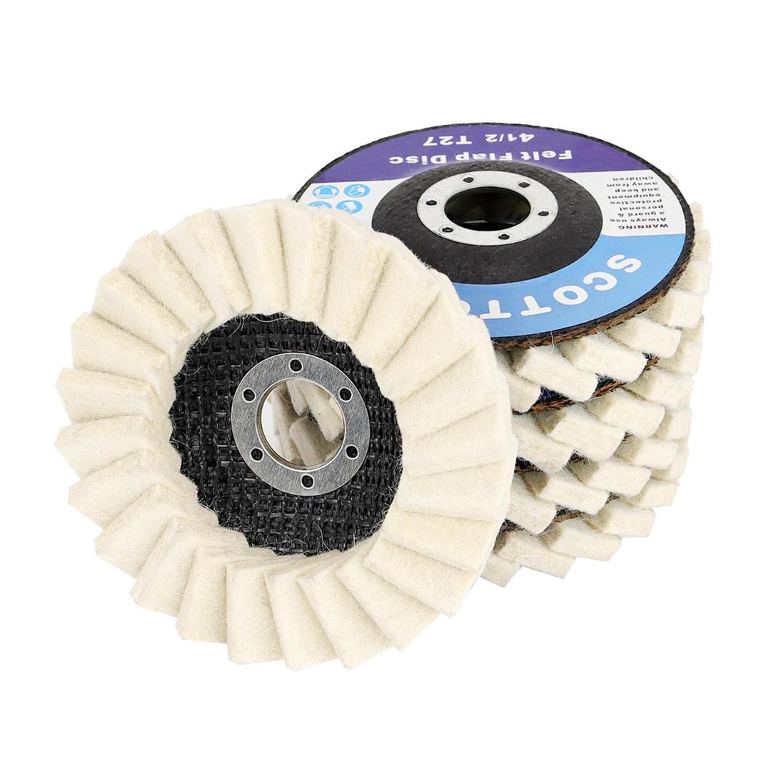 SCOTTCHEN Wool Felt Flap Polishing Disc 4-1/2" x 7/8" Arbor for Angle Grinder (5 Pack) - High Density Wool Polishing Wheel for Metal, Aluminum, Stainless Steel & Stone Polishing - Mirror Finish