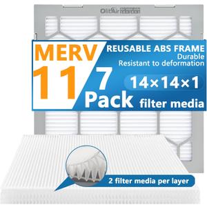 14x14x1 MERV 11 Air Filter,AC Furnace Air Filter,Reusable ABS Plastic Frame, 7 Pack Replaceable Filter Media (Actual Size: 13 3/4" x 13 3/4" x 3/4")