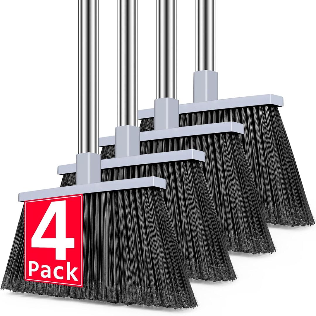 PBHEPJ Broom, 4 Pack Outdoor Broom for Floor Cleaning, 58" Long Stainless Steel Handle, Hard Bristle Angle Broom for Sweeping Indoor, Commercial, Industrial, Garage, Kitchen (Gray)