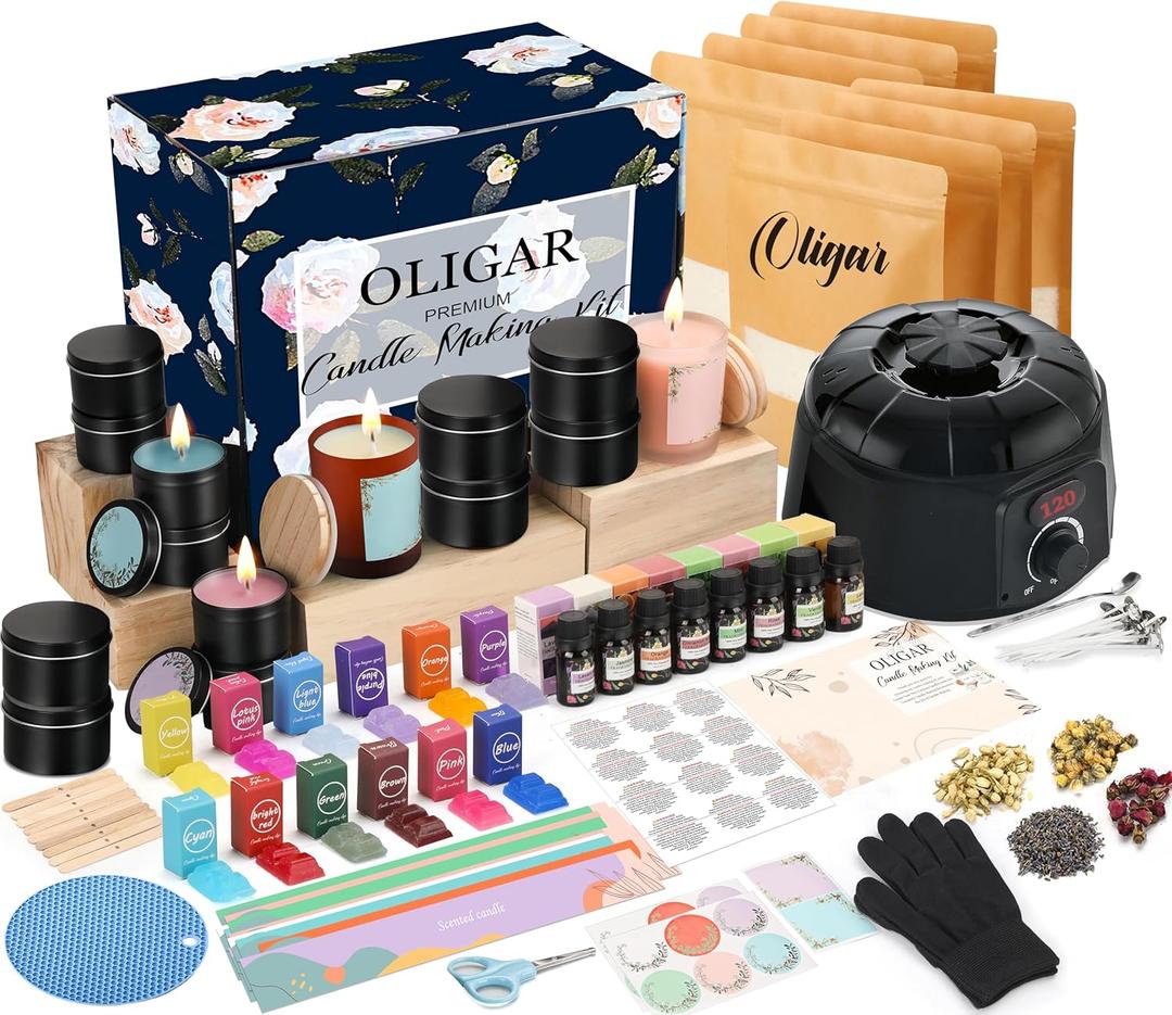 Oligar Complete Candle Making Kit with Wax Melter, Candle Making Supplies, DIY Arts&Crafts Kits Gift for Beginners,Adults,Kids,Including Wax Melter,Rich Scents,Dyes,Candle Tins,SoyWax,Wicks (2.64lbs Candle kit with Glass cup)