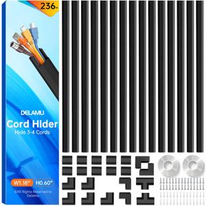 Delamu Black Cord Hider, 236in Cord Covers for 3-4 Wires on Wall, Cable Hider Wire Covers for Cords, Wire Hiders for TV on Wall, TV Cord Hider for Wall Mounted TV, 15x L15.7 W1.18 H0.6in, Black