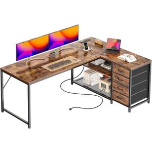 PRAISUN 61" L Shaped Desk with Power Outlets and USB-C Port, Reversible Computer Corner Office Desk with 4 Fabric Drawers and 2 Height-Adjustable Shelves, Large for Gaming Writing Study, Rustic Brown