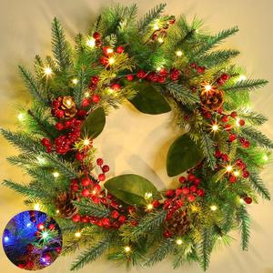 20 Inch Pre-Lit Christmas Wreath, Lighted Christmas Wreaths for Front Door Timer 8 Modes 30 Warm White&Colored Changing Lights 4 Pine Cones 12 Red Berried Xmas Wreath for Home Door Wall Indoor Outdoor