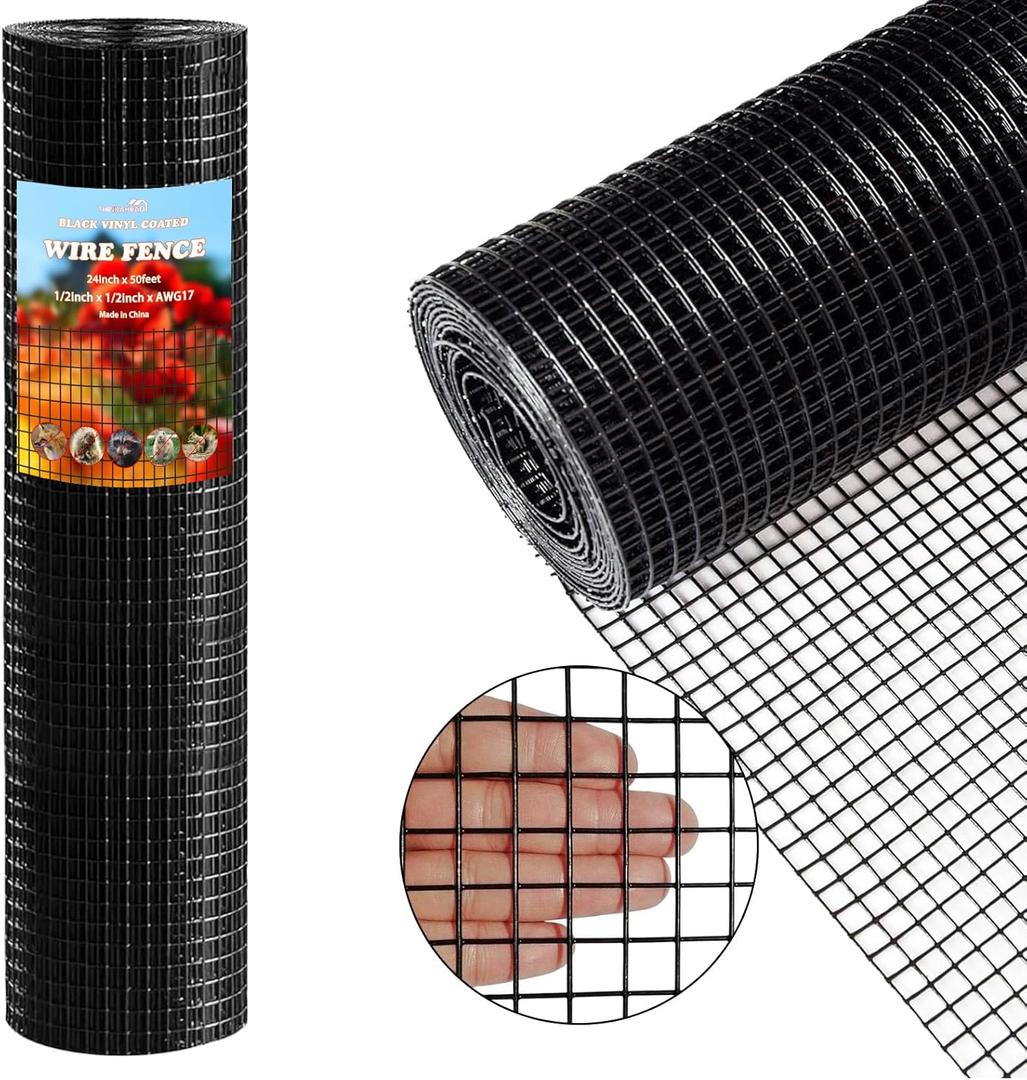 Thinkahead Black Hardware Cloth 1/2 in 24 x 50 ft 19 Gauge Vinyl PVC Coated Galvanized Chicken Wire Fencing, Garden Fence, Rabbit Wire