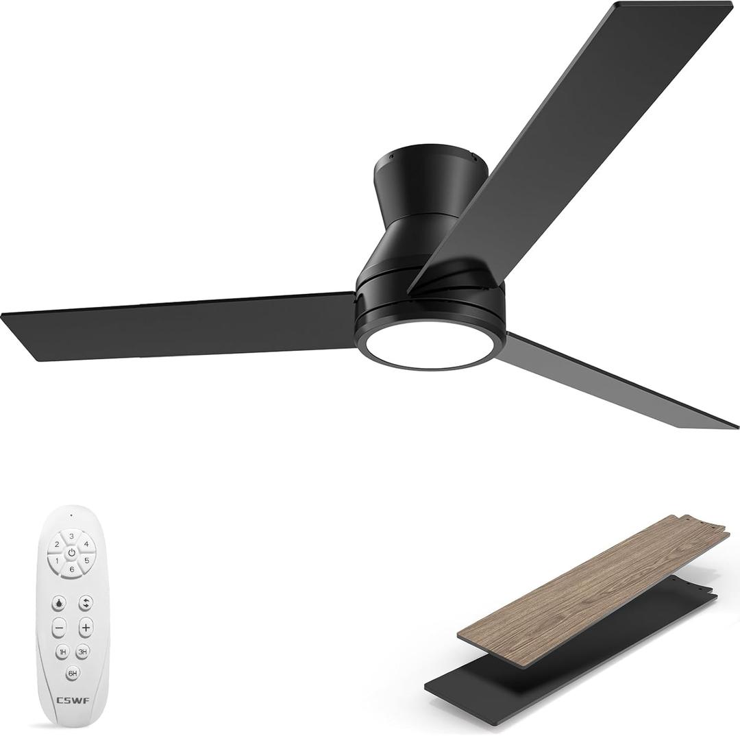 Ceiling Fan with Light Remote Control - Flush Mount Dimmable 3000K-6500K LED 6 Speed with Quiet DC Motor for Bedroom, Living Room and Outdoor Patio (42 Inch, Black)