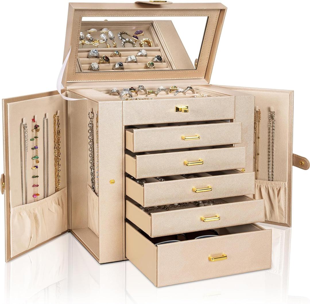 AKOZLIN Huge Jewelry Box Organizer Functional Extra Large Leather Jewelry Storage Case for Women Girls Ring Necklace Earring Bracelet Holder Organizer with Mirror (Champagne)