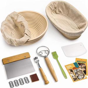Bread Banneton Proofing Basket Set, Round & Oval Cane Sourdough Baskets with Dough Whisk Lame Dough Scraper Bowl Scraper Silicone Brush Sourdough Bread Baking Supplies