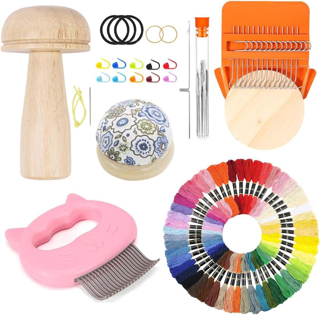 Knit Patch Kit PatchMaker 2.0, Portable Mushroom Darning Loom with 9 Pcs Large Eye Needles 50 Colors Thread for Holes Repair on Socks & Jeans, Weaving Tool Set for Quickly Sewing Repair (Orange)