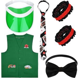 Kavoc 5  Pcs Casino Dealer Costume Set Dealing Visor Hat Vest Bowtie Armband Poker Necktie for Adults Las Vegas Game Night Party