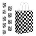 JasperKino 10 Pcs Checkered Racing Treat Bags Race Car Party Favors Bag with Handles Black and White Checkered Racing Flag Candy Bags Goodie for Race Car Themed Birthday Party Supplies