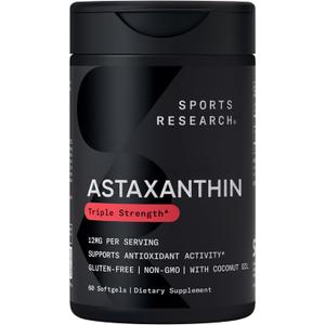 Sports Research Triple Strength Astaxanthin 12mg w/Organic Coconut Oil - Antioxidant Supplement for Skin & Eye Health Support* - Soy Free Non-GMO Gluten Free - 60 Softgels, Best By 02/2029