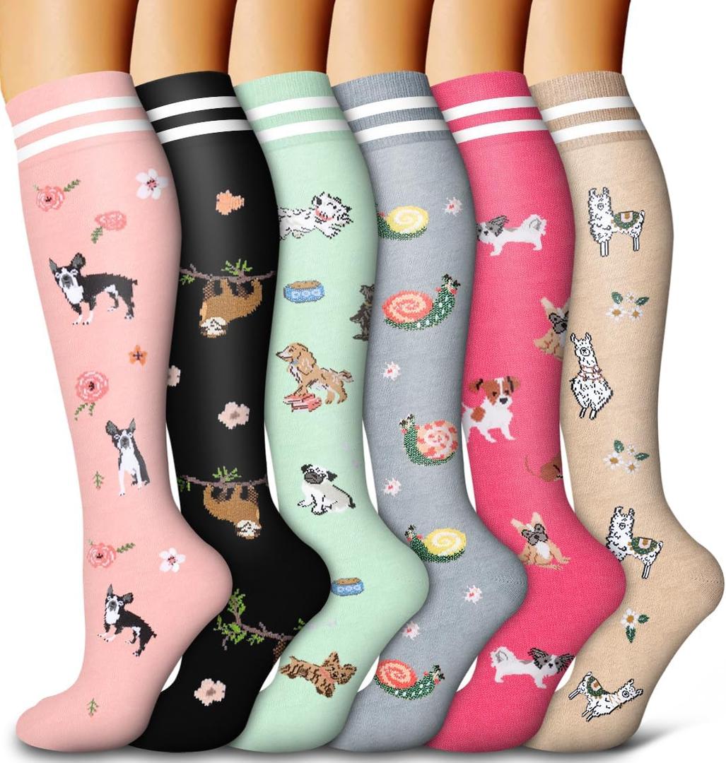 Bluemaple 6 Pack Copper Compression Socks for Women and Men Circulation-Best Support for Medical, Running,Nursing,Athletic (Large-X-Large, D-assorted1-cartoon)