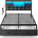 Rolanstar Bed Frame Full Size with Drawers and Charging Station, Upholstered Platform Bed with Storage Headboard and LED Light, Heavy Duty Metal Frame Support, No Box Spring Needed, Noise Free, Black