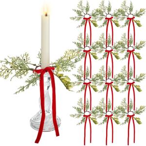 12 Pcs Christmas Pine Taper Candle Rings Wreaths with Velvet Bow Ribbon 1.38 Inch Mini Taper Candle Holder Decorations for Xmas Holiday Church Home Table Centerpiece Candlesticks (Burgundy)