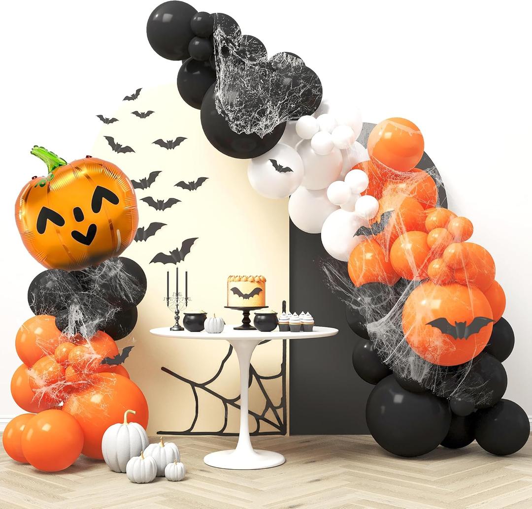 3 x HOUSE OF PARTY Halloween Balloon Garland Kit 80 Pcs - 5/10/12/18 Inch Orange and Black White Balloon Arch with 1 Pumpkin Foil Balloon, PVC Bats & Spider Web For Halloween Party Decorations