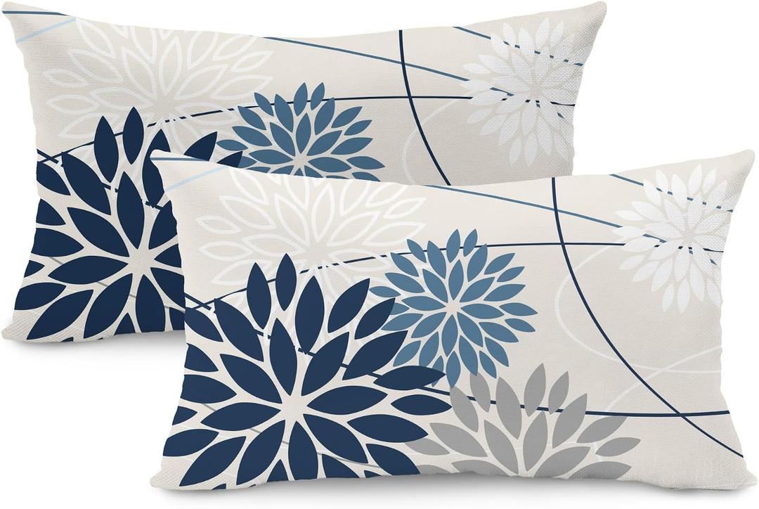 Blue and Gray Floral Pillow Covers 12x20 Set of 2 Outdoor Waterproof White Colored Decorative Throw Pillows Summer Pillowcase Polyester Cushion Case Decor for Couch Patio Funiture Garden Porch