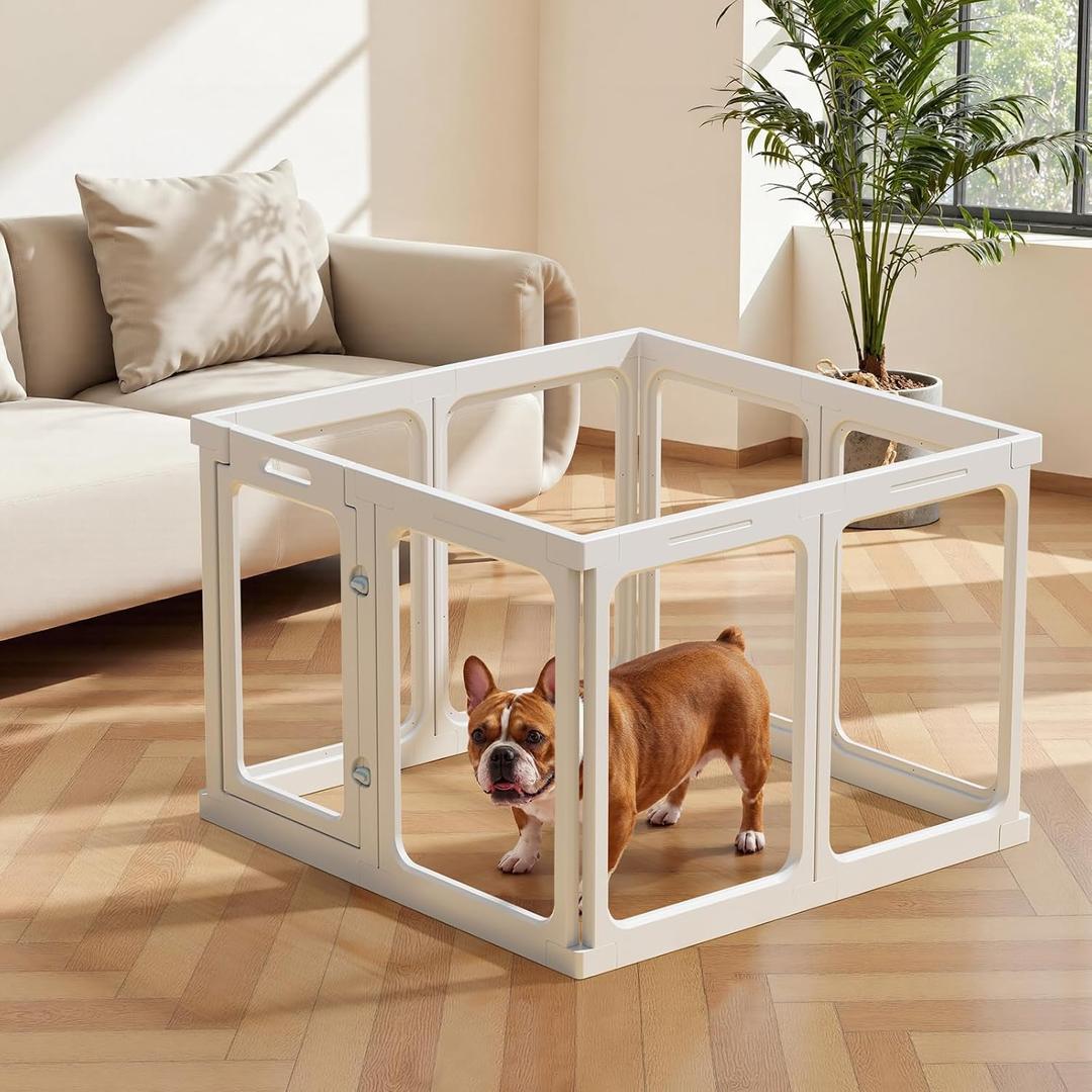 Clear Acrylic Dog Playpen - 33.4 x 33.4 Inch, 24" H 8 Planes Transparent Dog Fence Indoor, Sturdy Pet Pen for Puppy/Small Dog/Rabbit/Pig, Easy Assemble & Cleaning Plastic Whelping Box Enclosure, White