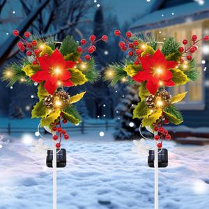 2 Pack Solar Christmas Decorations Outdoor, 32 Inch Solar Christmas Cross Stake Lights, Waterproof Grave Decorations with Poinsettia Flower Pinecones Red Berries for Garden Yard Patio Lawn Cemetery