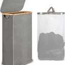 60L Slim Laundry Hamper, Narrow Laundry Basket with Lid, Foldable Clothes Hamper with Bamboo Handles, Hamper Basket with Removable Inner Bag for Laundry Room Bedroom College Dorm, 15.85 Gals Grey