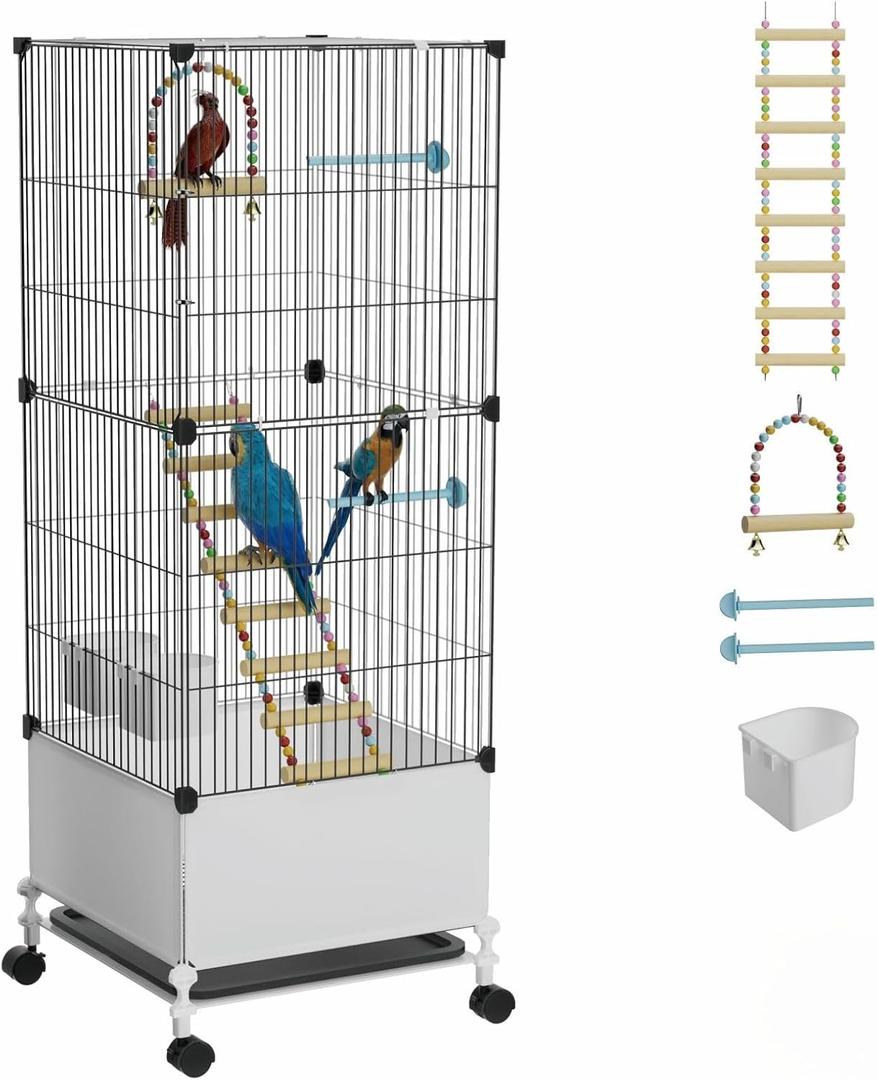 STILLCOVE Medium Flight Bird Cage, Black Parakeet Cages with Rolling Stand & Wheels, Wide Birdcage for Parrots Cockatiels Conure Budgie Canary Finch Lovebird (14.2"L x 14.6"W x 39.4"H)