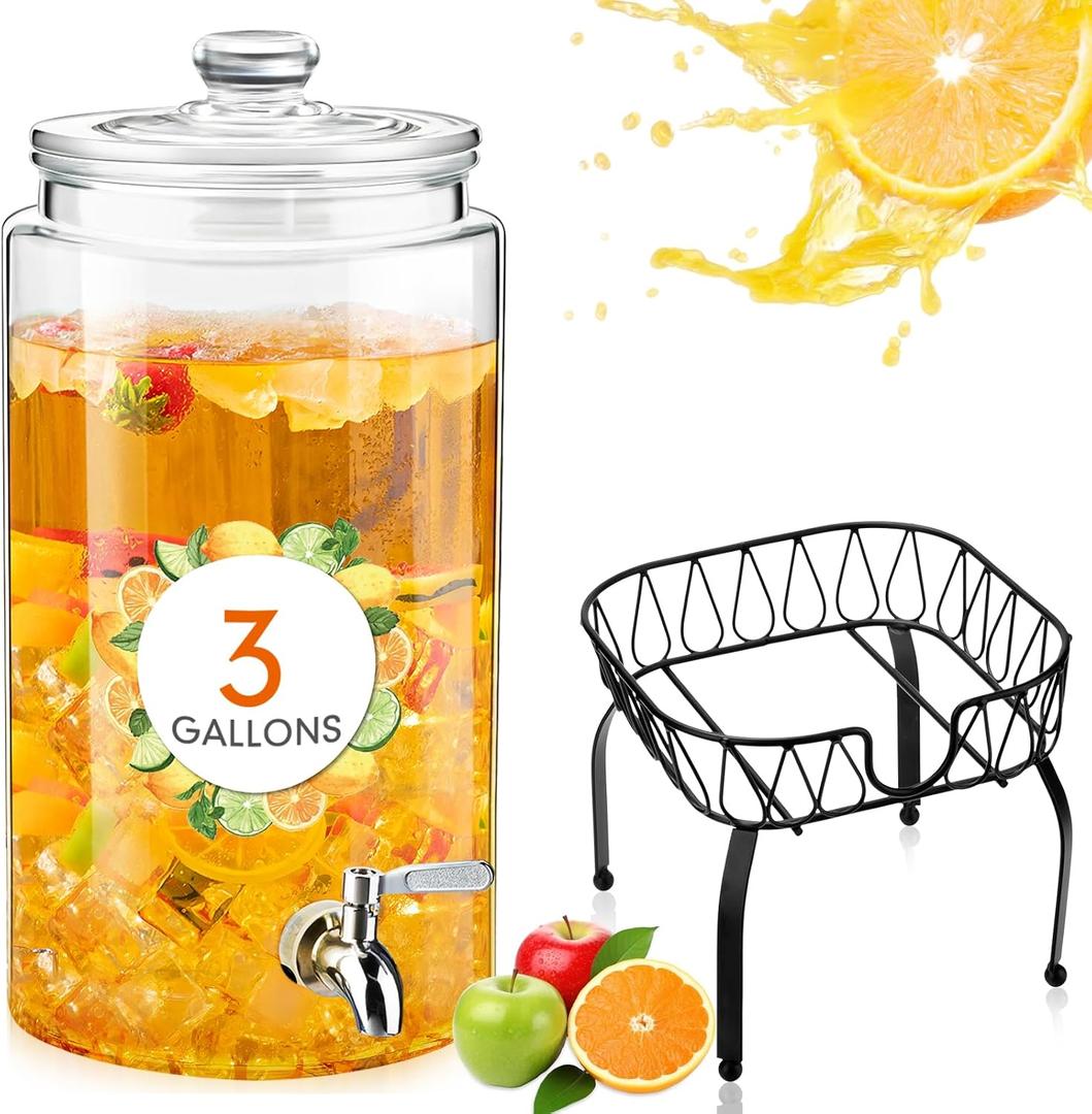 Honeydak 1 Pack 3 Gallon Glass Beverage Dispenser with Stand and Spigot Leakproof Glass Drink Beverage Storage Lemonade Juice Jar Mason Jar Dispenser with Lids for Valentine's Wedding Parties Kitchen