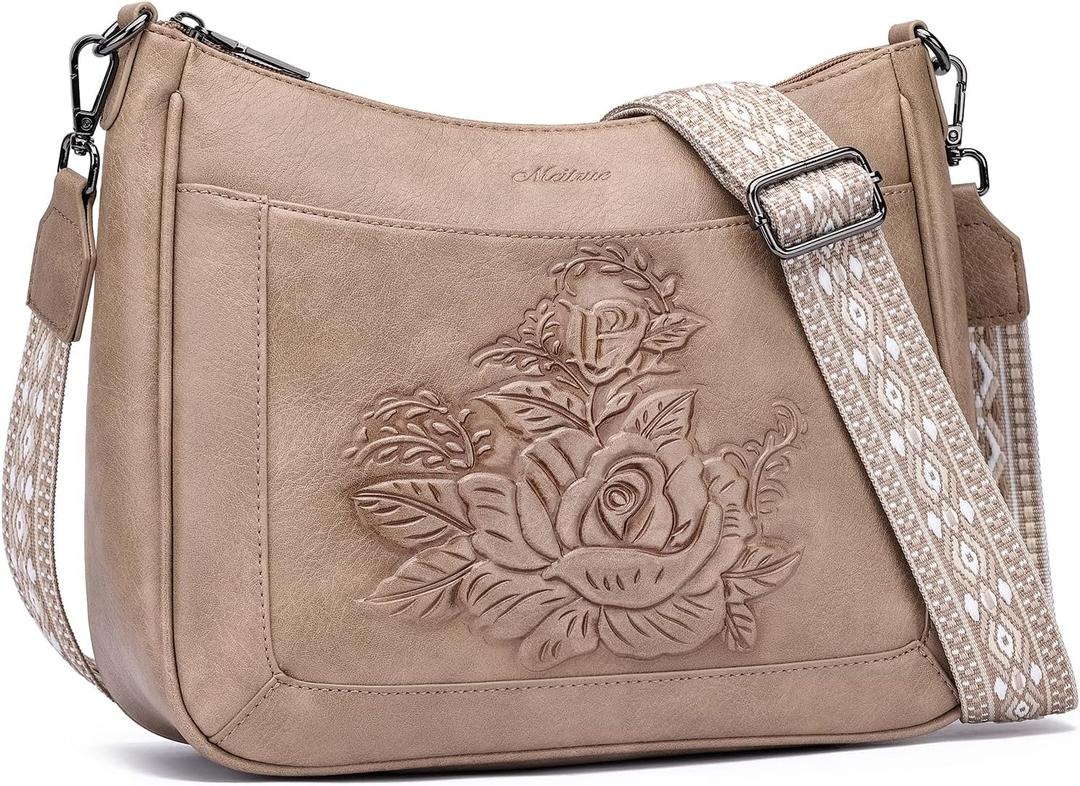 MEITRUE Crossbody Bags for Women,Rose Embossed Vegan Leather Medium Hobo Purse with Strap Travel Shoulder Handbag