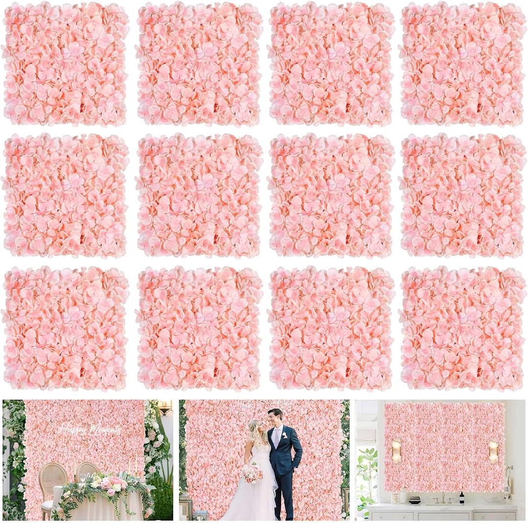 Flower Wall Panel Wedding Backdrop: 12 Pcs Artificial Flower Wall Backdrop 3D Silk Hydrangea Floral Wall for Bridal Shower Party Birthday Decoration (Blush, 15 x 15 Inch) (12pcs)