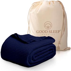 Good Sleep Premium Cotton Bedding - Waffle Weave King Size Throw Blanket, 100% Cotton - Navy Blue (King / California King (104" x 90"))