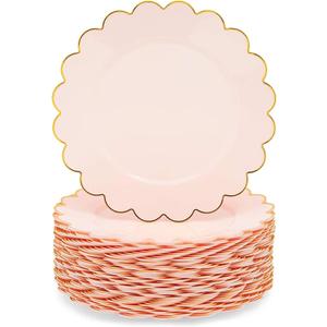 50 Pack Pink and Gold Plastic Plates, 9 Inch Scalloped Plates with Gold Rim for Birthday Party, Baby Shower