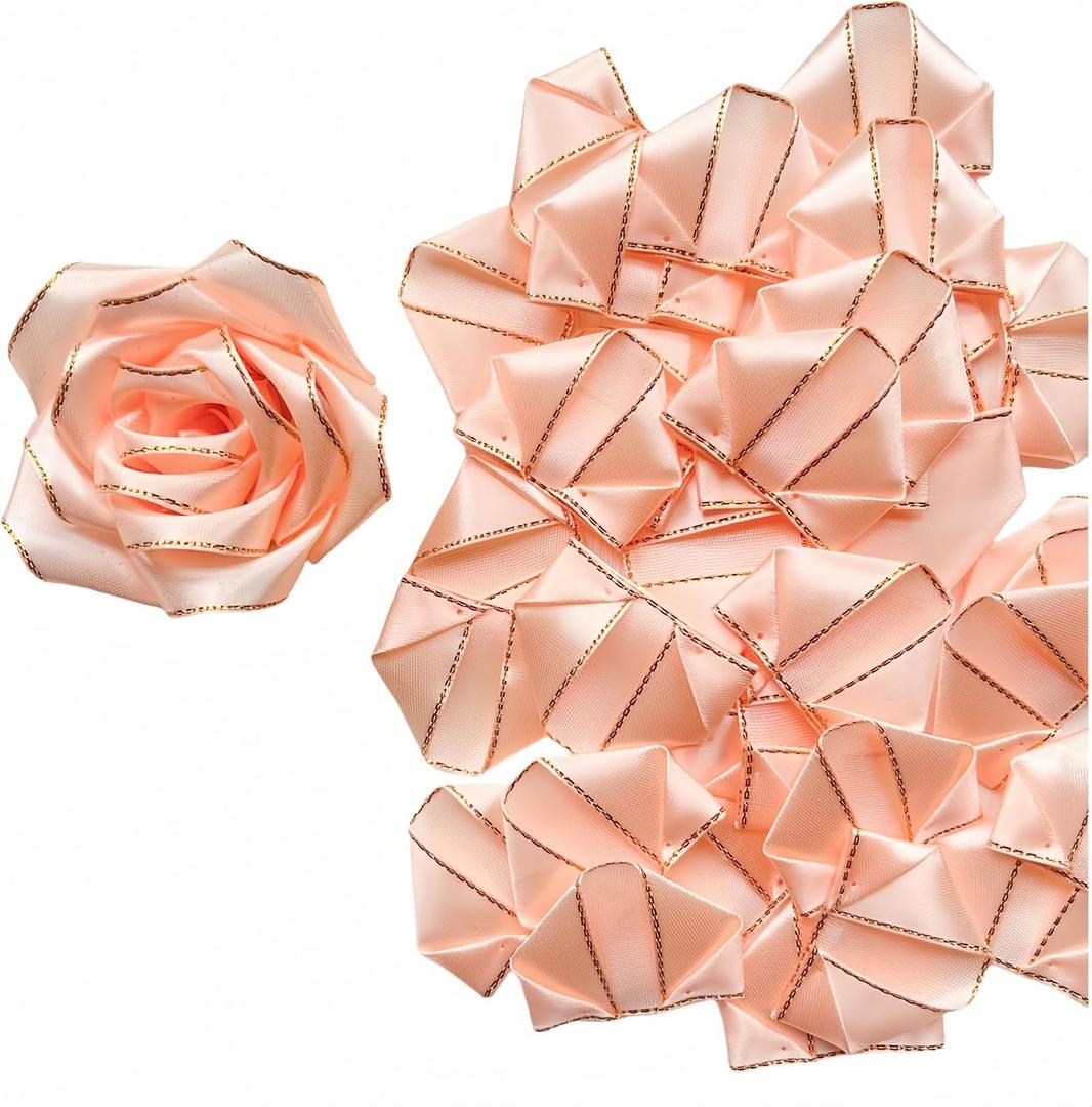 300Pcs Sparkling Gold Border Satin Ribbon Petals, Preformed for DIY Eternal Roses, Champagne Color, Silk Fabric, Cost-Effective to Make Dazzling Bouquets for Mother's Day, Valentine's